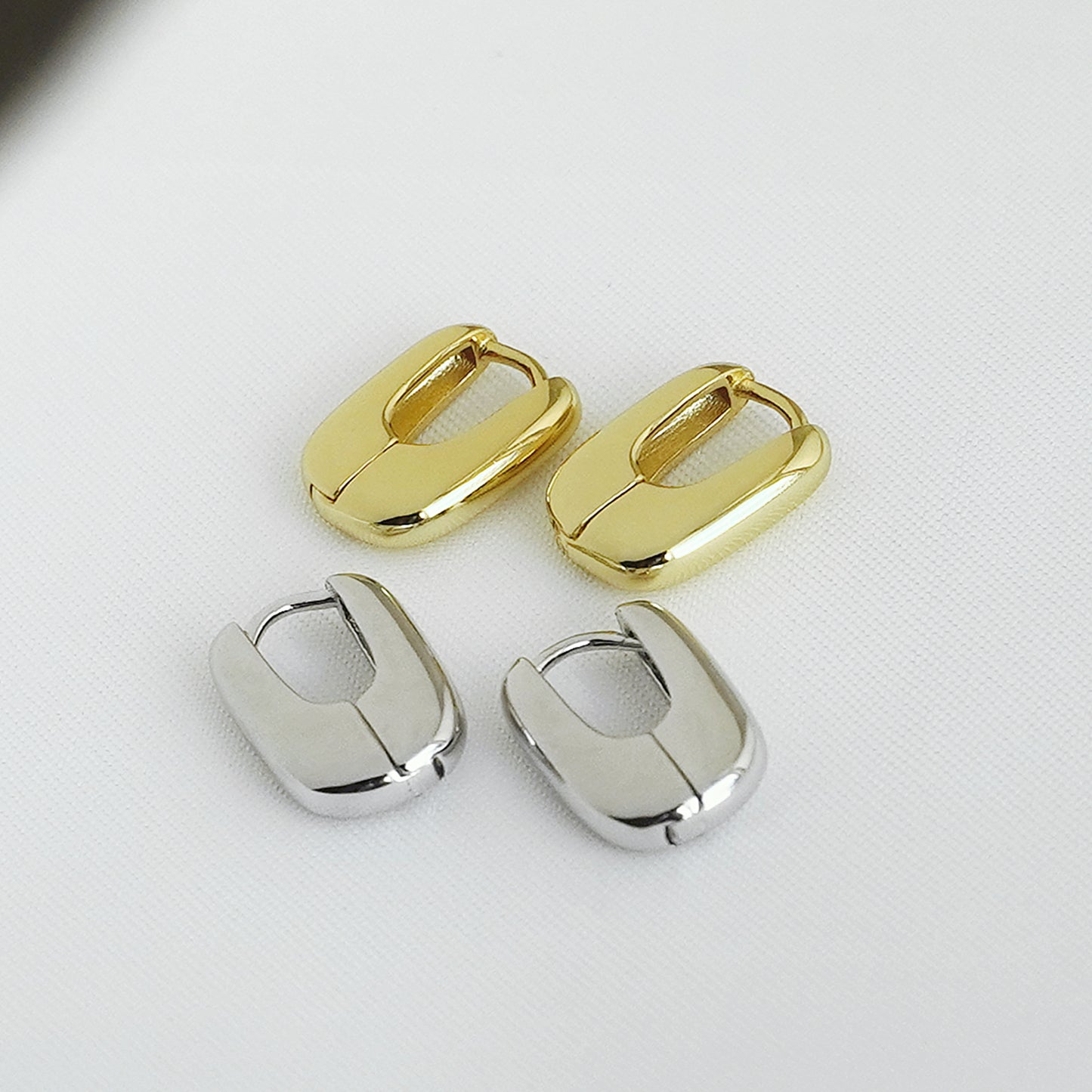 18K Gold on Sterling Silver Shiny Puffy Oval Square Hoop Huggie Unisex Earrings - sugarkittenlondon